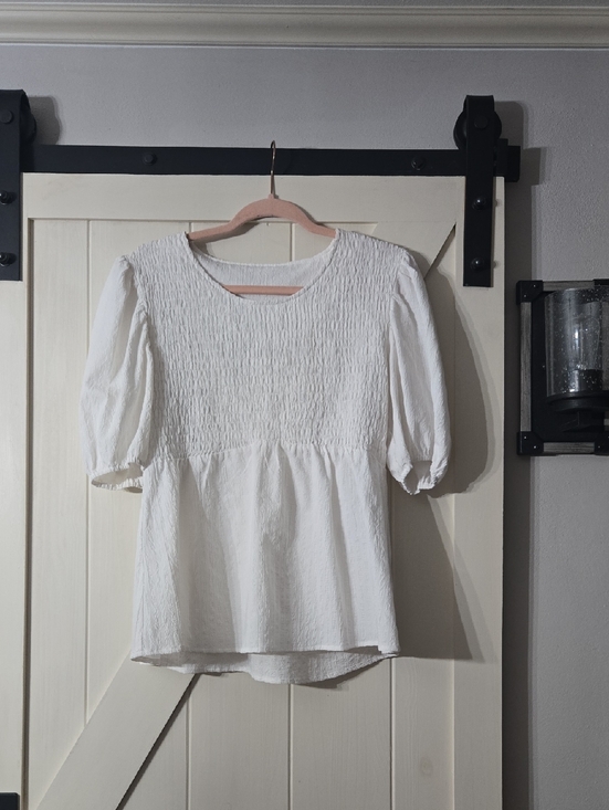 Love, Olive Co Tops - White Smocked Puff-Sleeve Peplum Top
